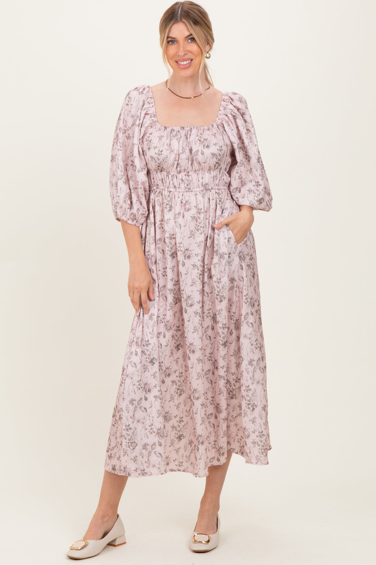 Light Pink Floral Puff Sleeve Smocked Waist Maternity Midi Dress