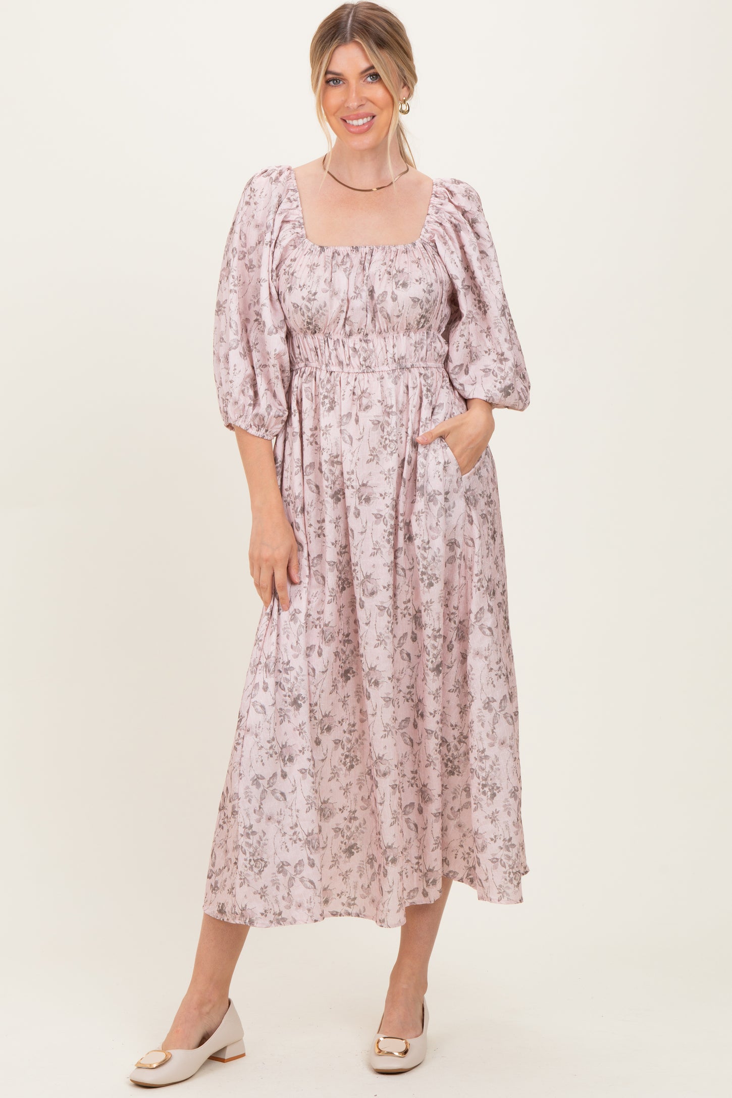 Light Pink Floral Puff Sleeve Smocked Waist Maternity Midi Dress