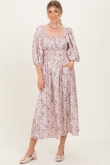 Light Pink Floral Puff Sleeve Smocked Waist Maternity Midi Dress