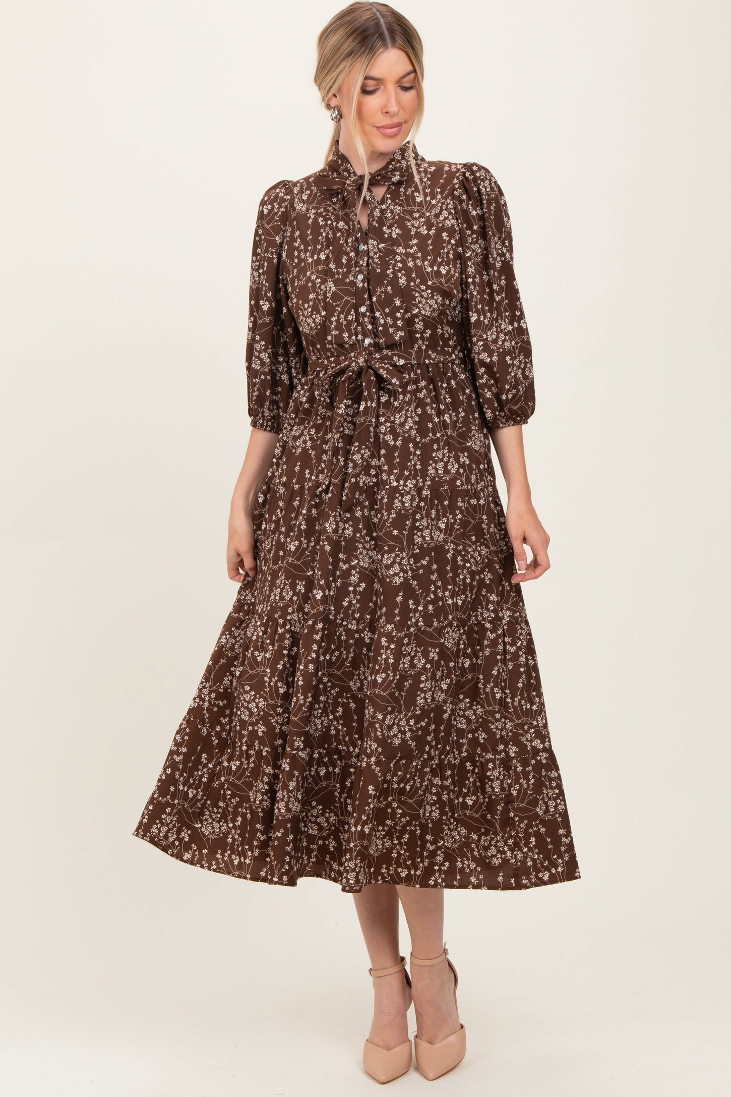 Brown Floral Neck Tie Maternity Midi Dress