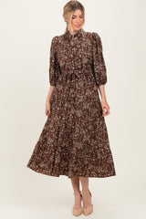 Brown Floral Neck Tie Maternity Midi Dress