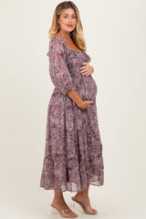 Lavender Floral Square Neck Ruffle Maternity Midi Dress