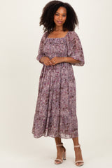 Lavender Floral Square Neck Ruffle Maternity Midi Dress