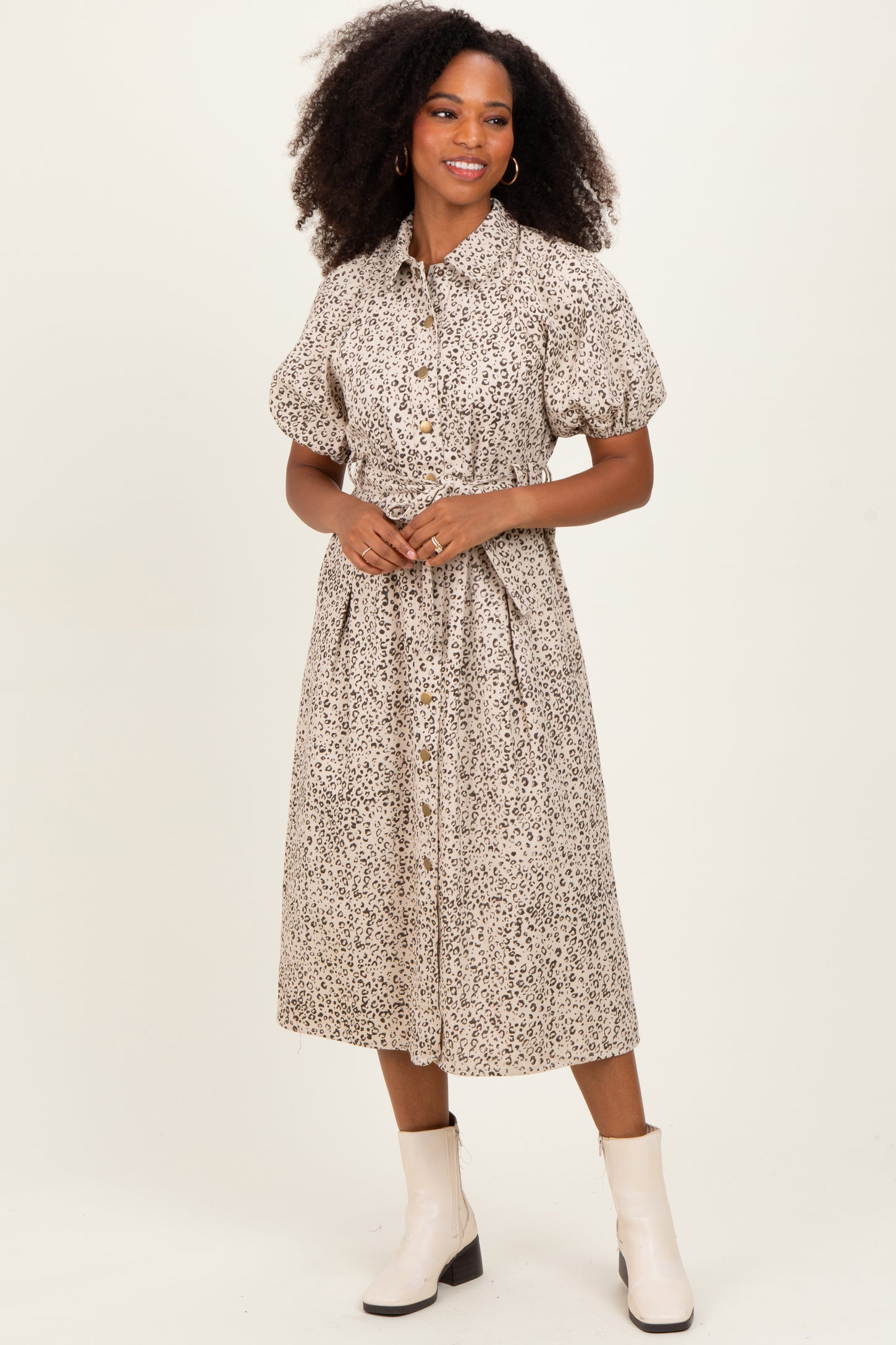 Cream Floral Button Front Waist Tie Midi Dress