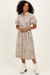 Cream Floral Button Front Waist Tie Maternity Midi Dress