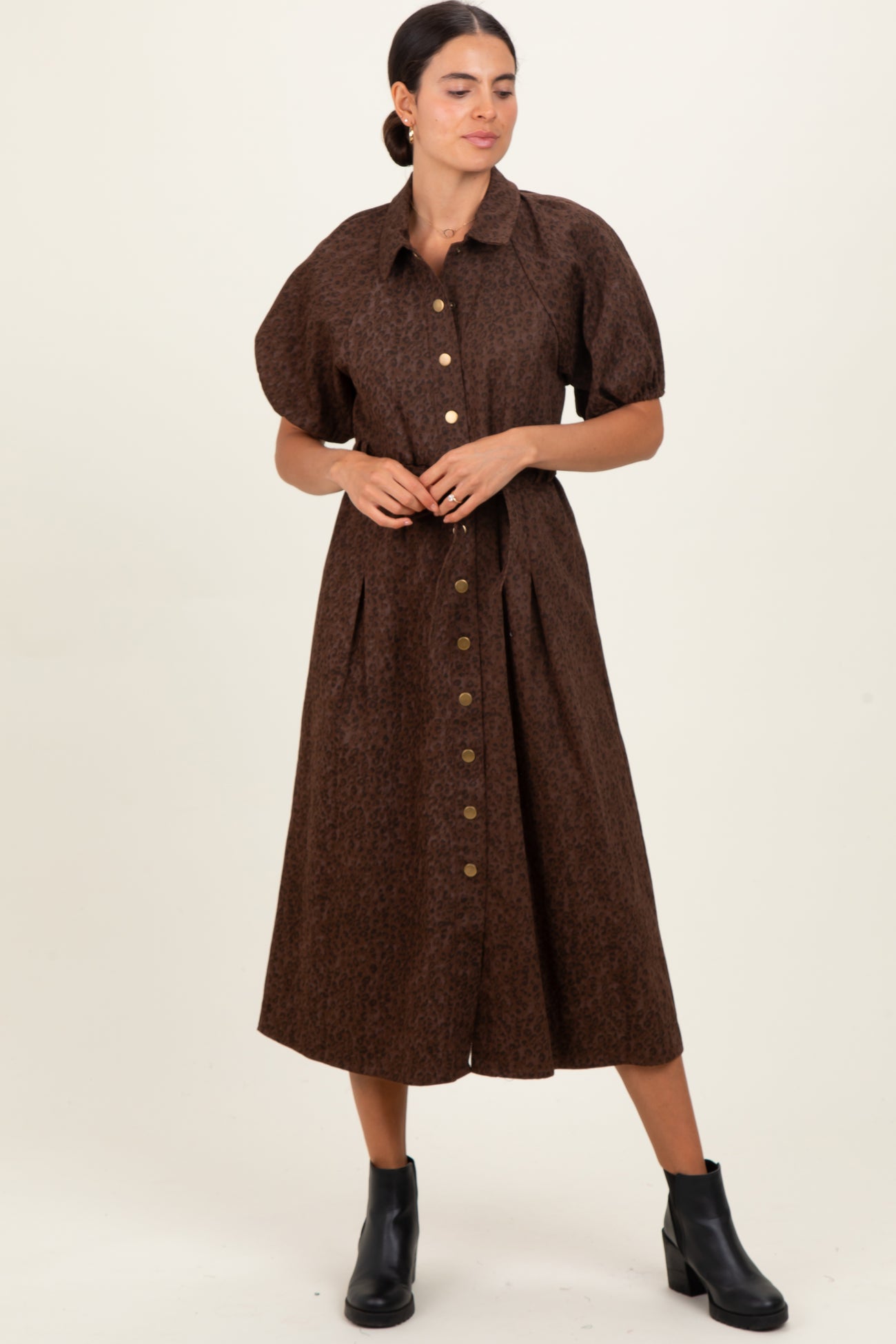 Brown Floral Button Front Waist Tie Maternity Midi Dress