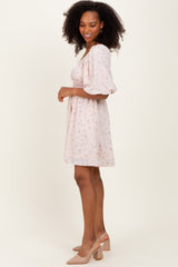 Cream Floral Square Neck Bubble Sleeve Dress