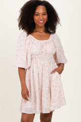 Cream Floral Square Neck Bubble Sleeve Dress