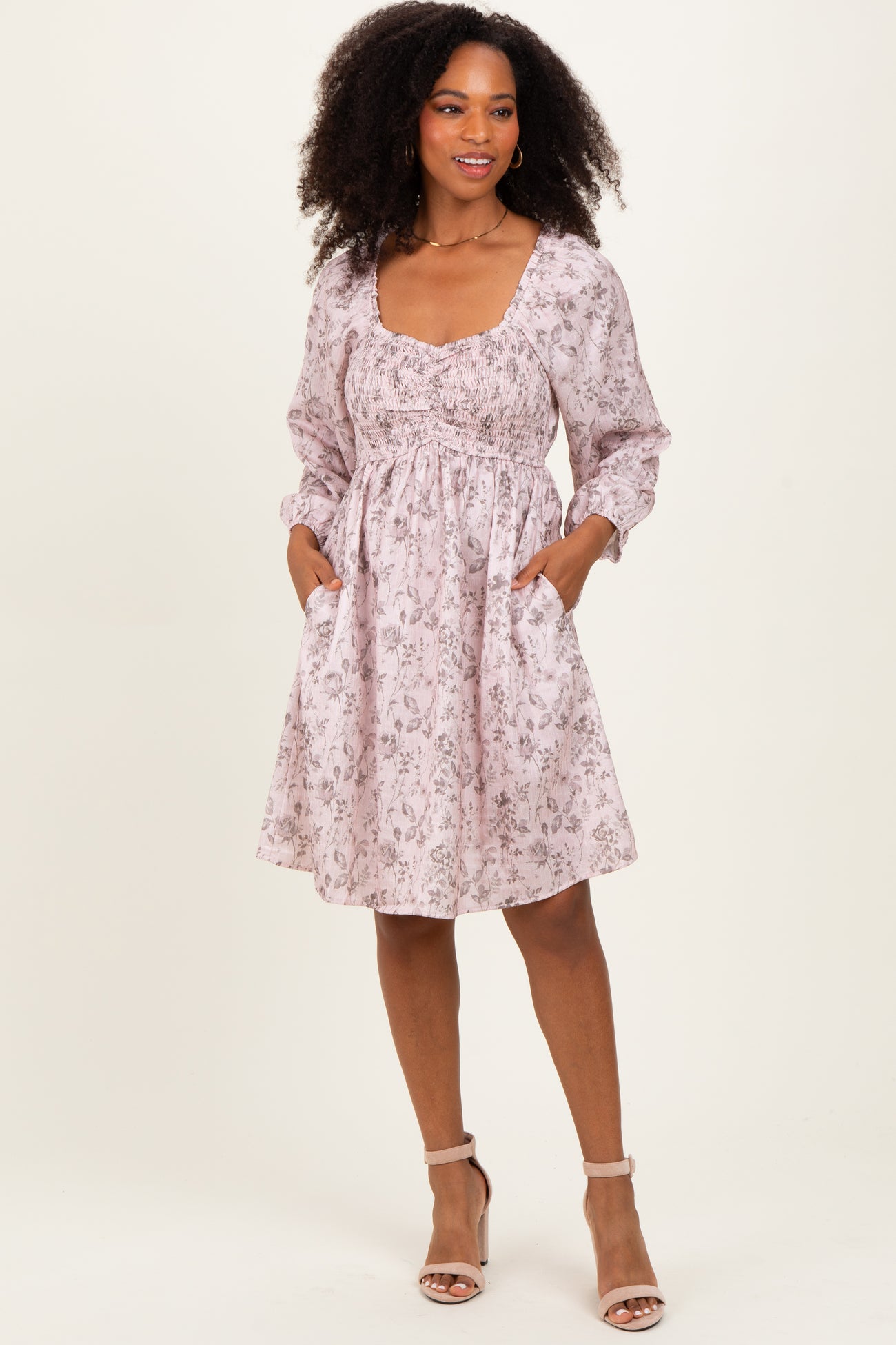 Pink Floral Sweetheart Neck Smocked Maternity Dress