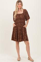 Brown Floral Square Neck Dress
