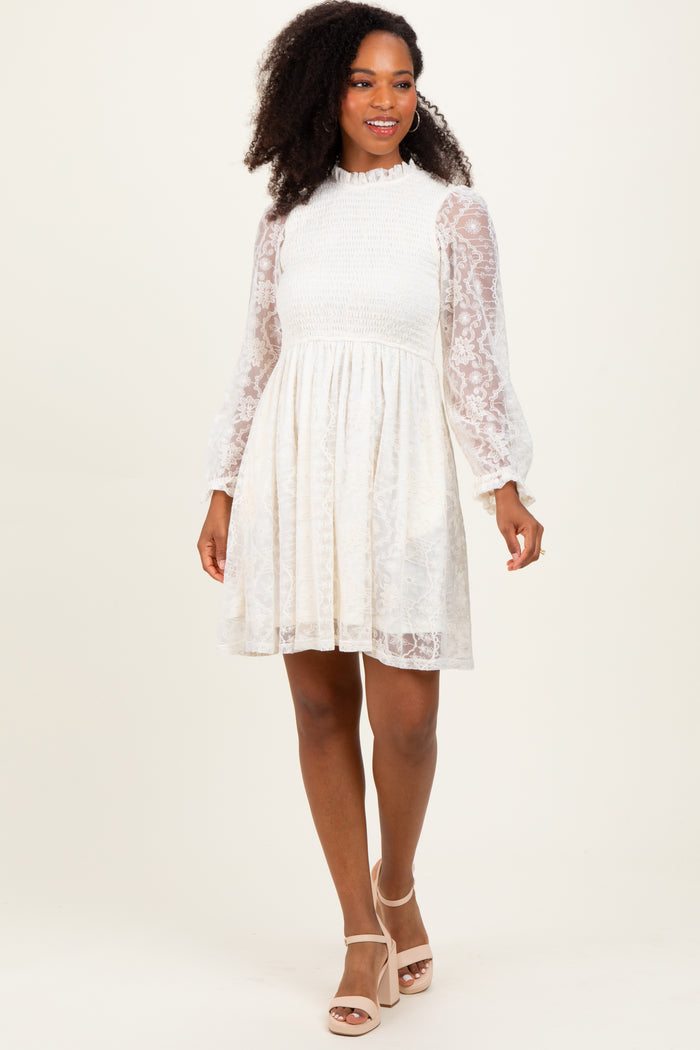 Cream Lace Smocked Long Sleeve Dress