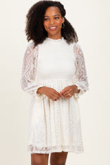 Cream Lace Smocked Long Sleeve Dress