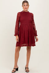 Red Lace Smocked Long Sleeve Maternity Dress