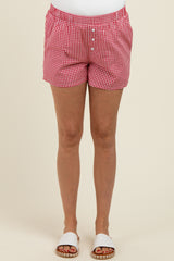 Red Gingham Button Accent Maternity Shorts