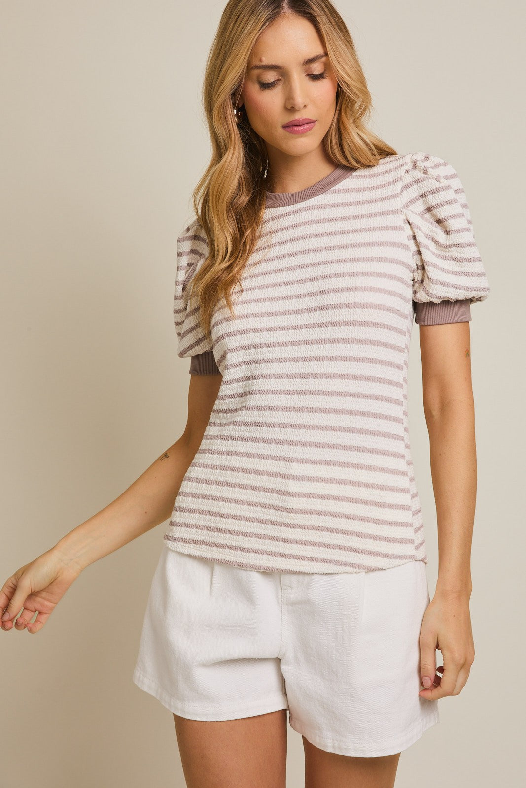 Ivory Striped Puff Short Sleeve Top
