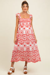 Red Embroidered Smocked Cutout Maternity Midi Dress