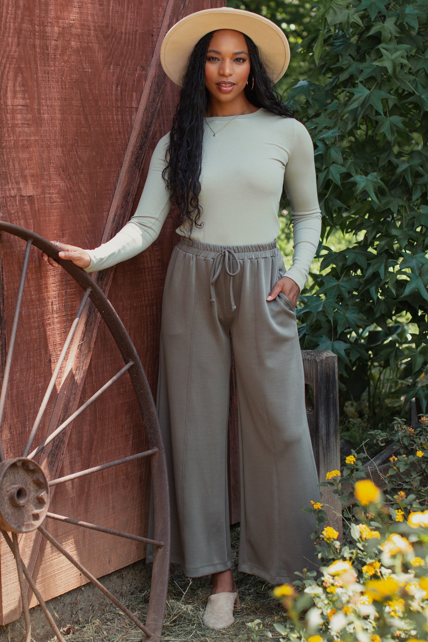 Olive Drawstring Wide Leg Pants