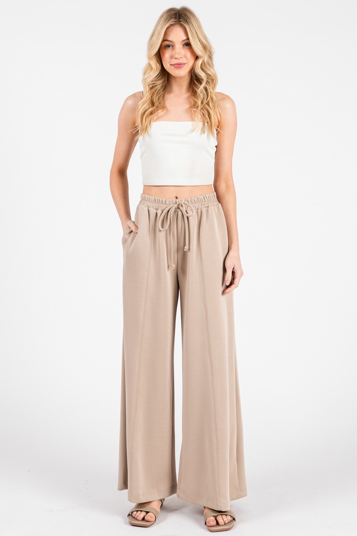 Beige Drawstring Wide Leg Maternity Pants