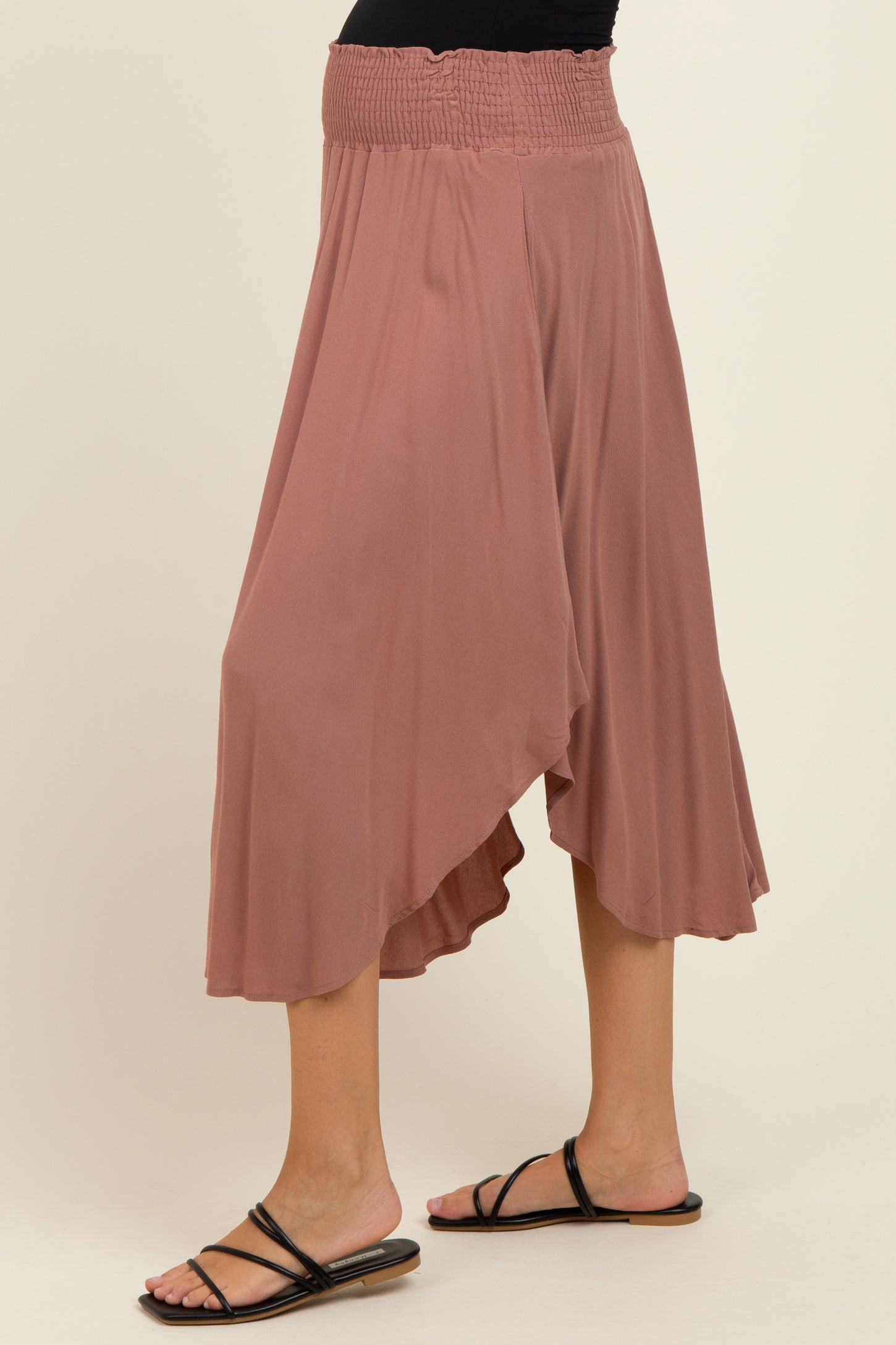 Mauve Smocked Waist Rounded Hem Maternity Midi Skirt