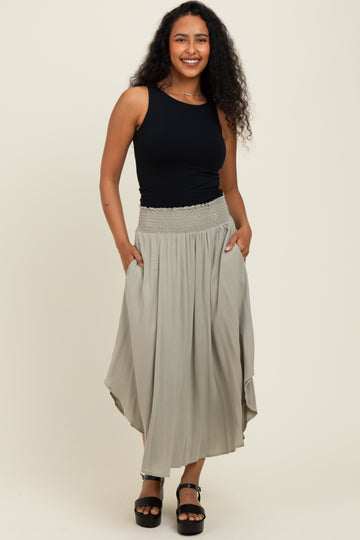 Light Olive Smocked Waist Rounded Hem Midi Skirt