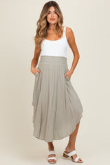 Light Olive Smocked Waist Rounded Hem Maternity Midi Skirt