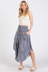 Blue Floral Smocked Waist Skirt
