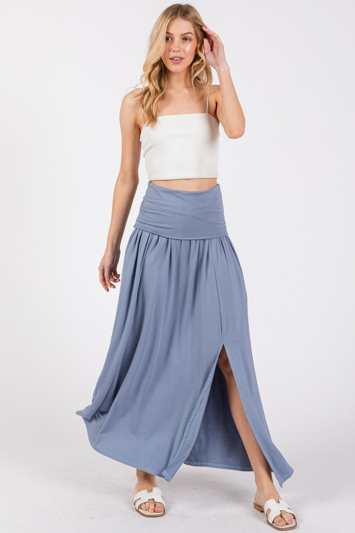 Light Blue Foldover Waist Side Slit Maternity Maxi Skirt