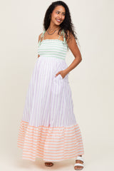 Lavender Multi-Color Striped Color Block Shoulder Tie Maternity Maxi Dress