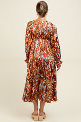 woman wearing a floral print maternity dress with a gathered waist and long sleeves, showing a baby bump from the back
