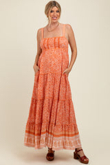 Orange Border Print Sleeveless Maternity Maxi Dress
