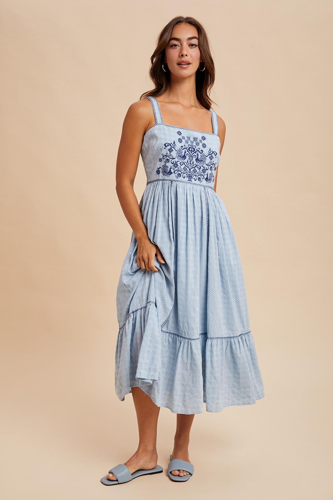 Light Blue Cross Stitch Embroidered Maternity Maxi Dress