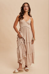 Beige Swiss Dot Smocked Sleeveless Maxi Dress