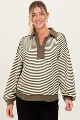 Olive Striped Oversized Collared Pullover Maternity Top