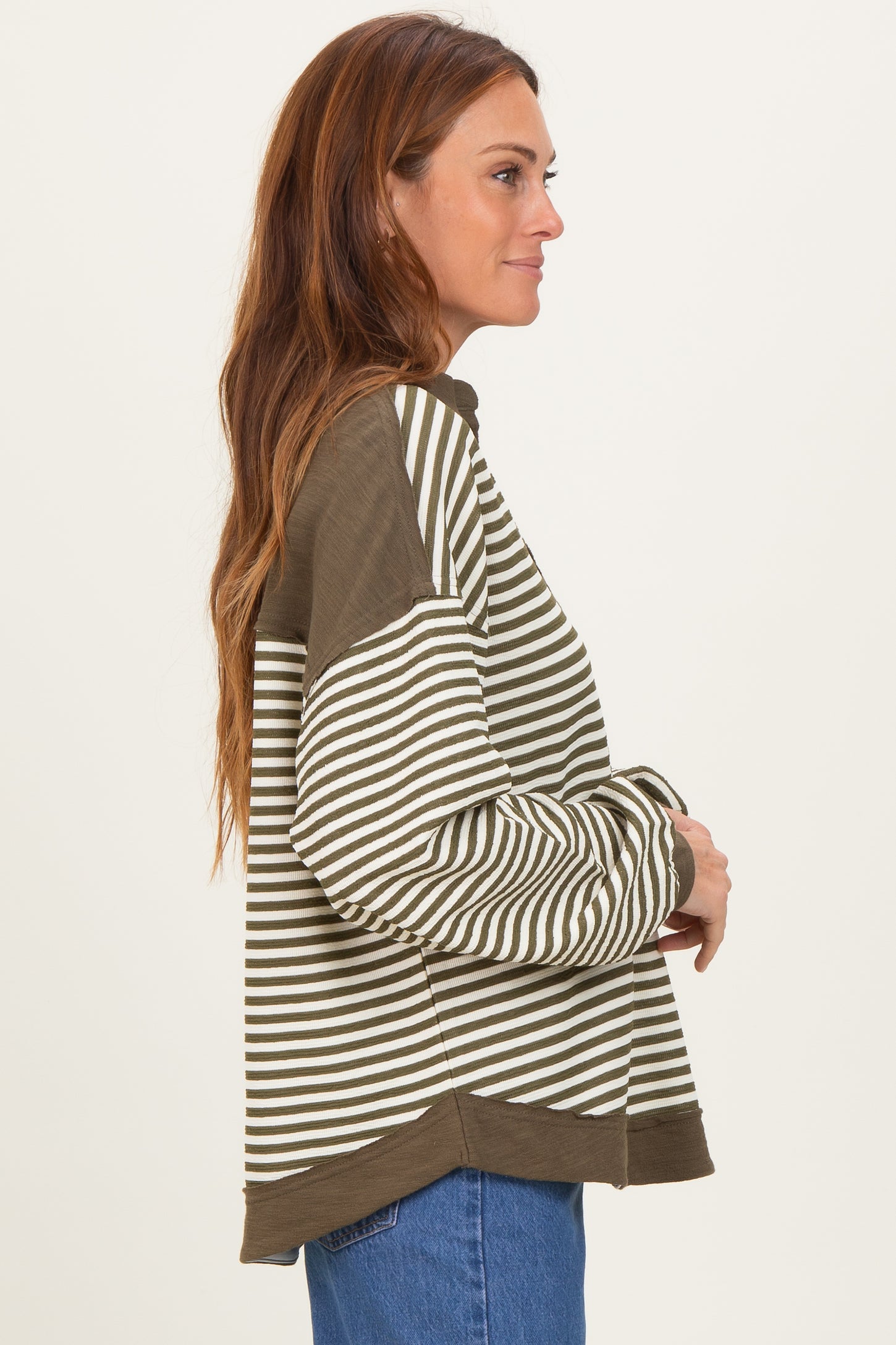 Olive Striped Oversized Collared Pullover Top