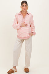 Mauve Striped Oversized Collared Pullover Maternity Top