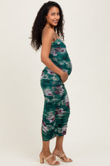 Forest Green Floral Mesh Ruched Sleeveless Maternity Midi Dress