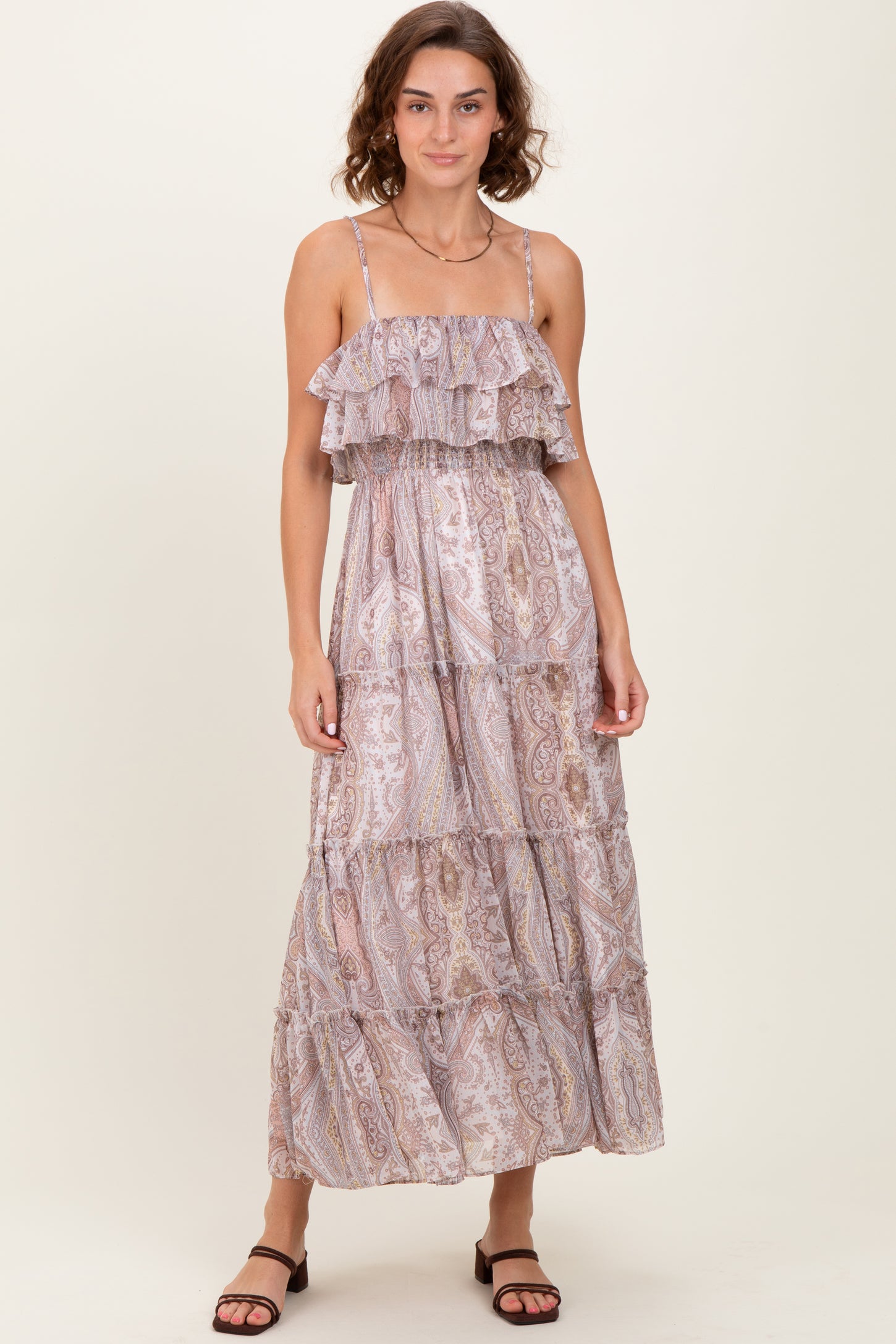 Beige Paisley Ruffle Tiered Shoulder Tie Maternity Maxi Dress