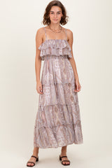 Beige Paisley Ruffle Tiered Shoulder Tie Maternity Maxi Dress
