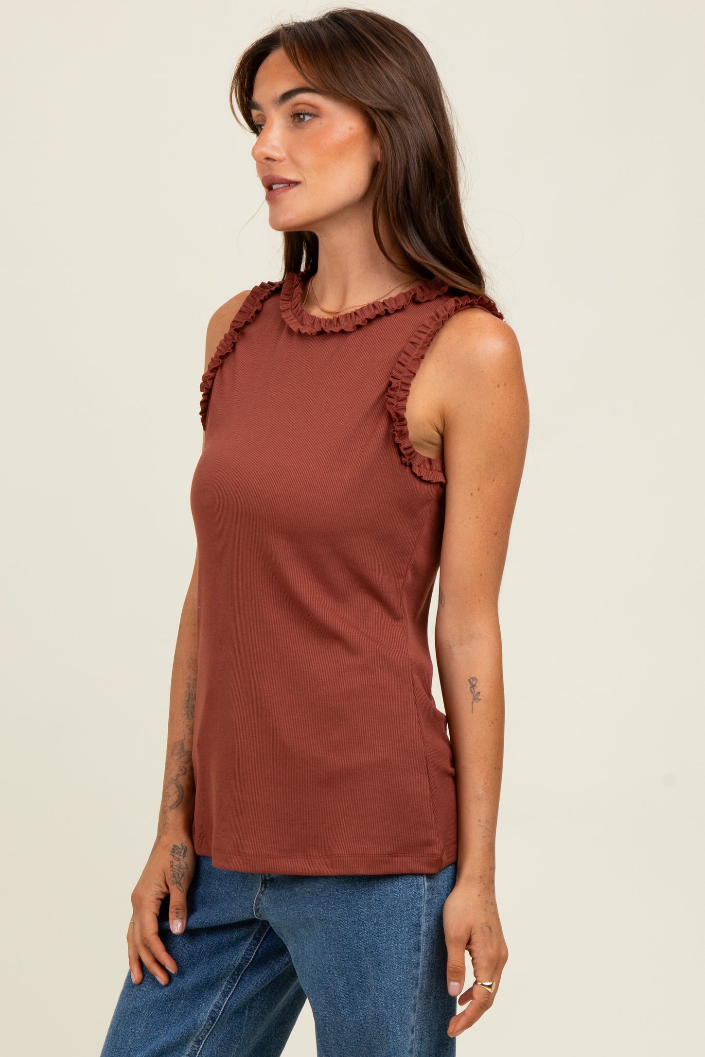 Dark Rust Rib Knit Ruffle Trim Sleeveless Top