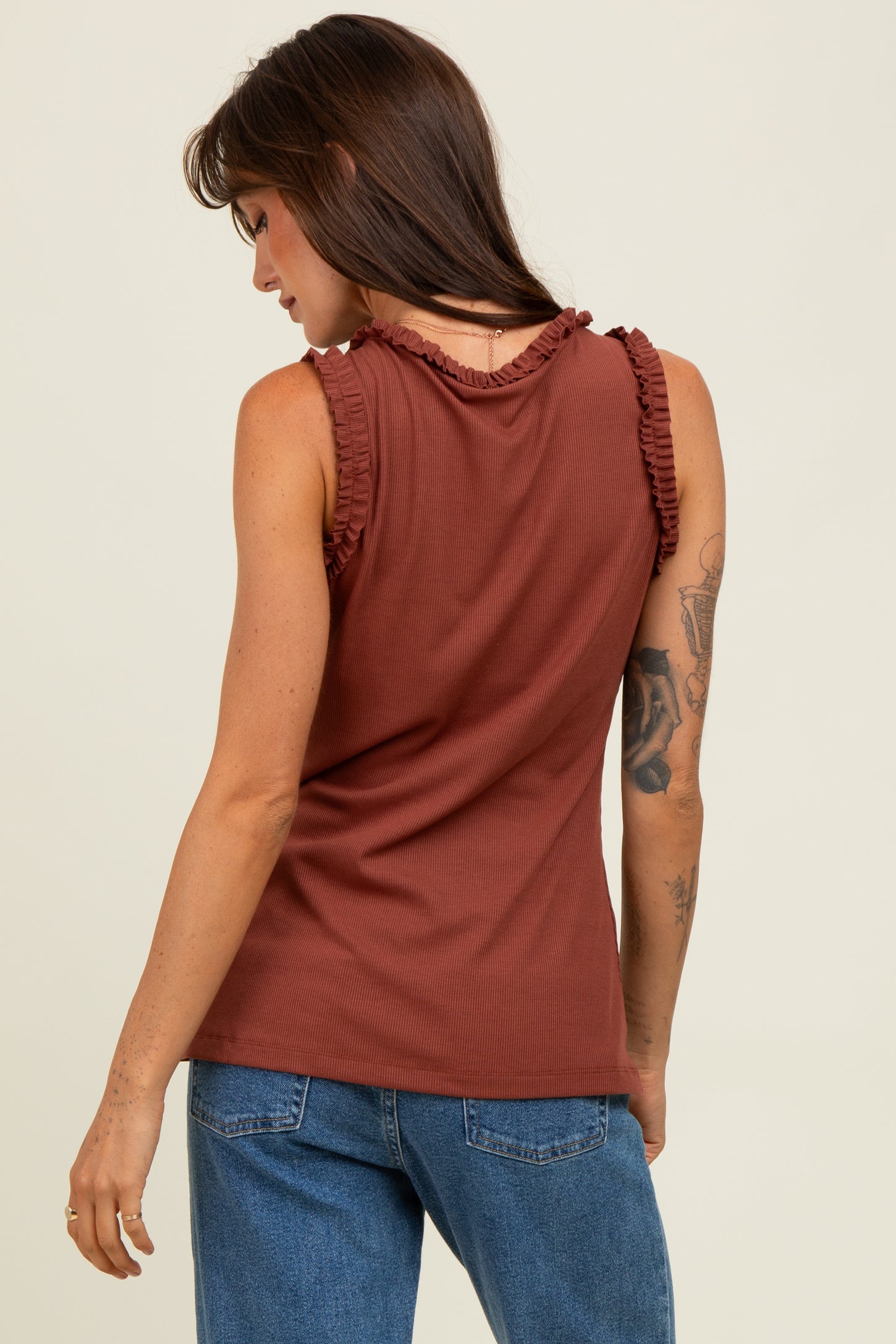 Dark Rust Rib Knit Ruffle Trim Sleeveless Top