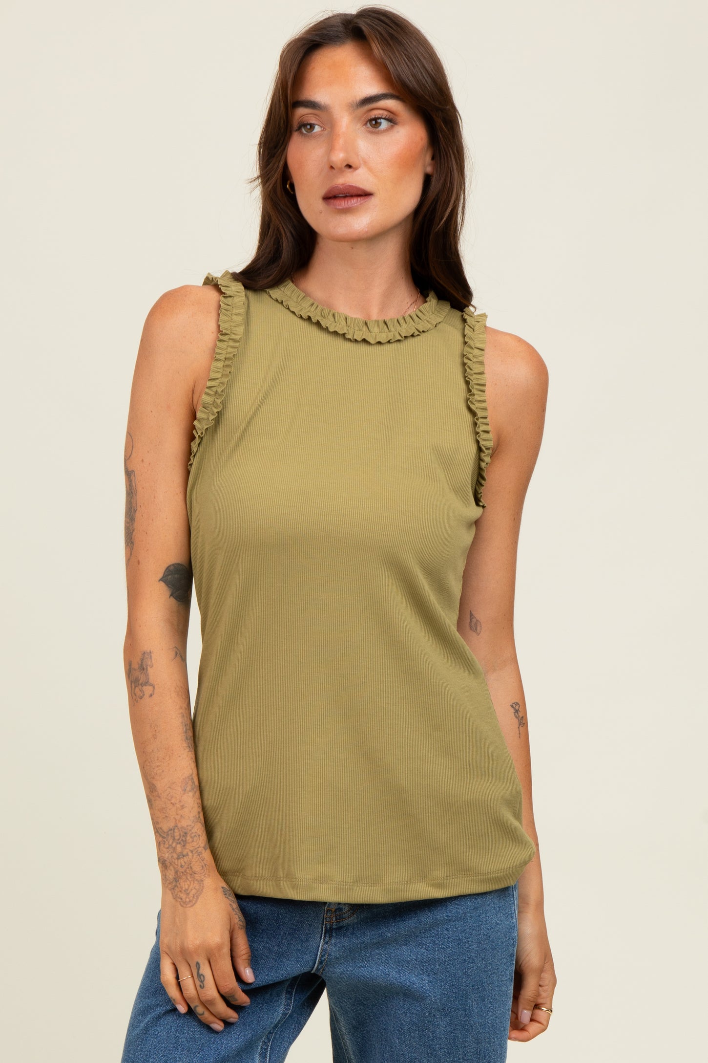 Light Olive Rib Knit Ruffle Trim Sleeveless Top