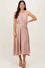 Mocha Pleated Sash Tie Maternity Midi Dress