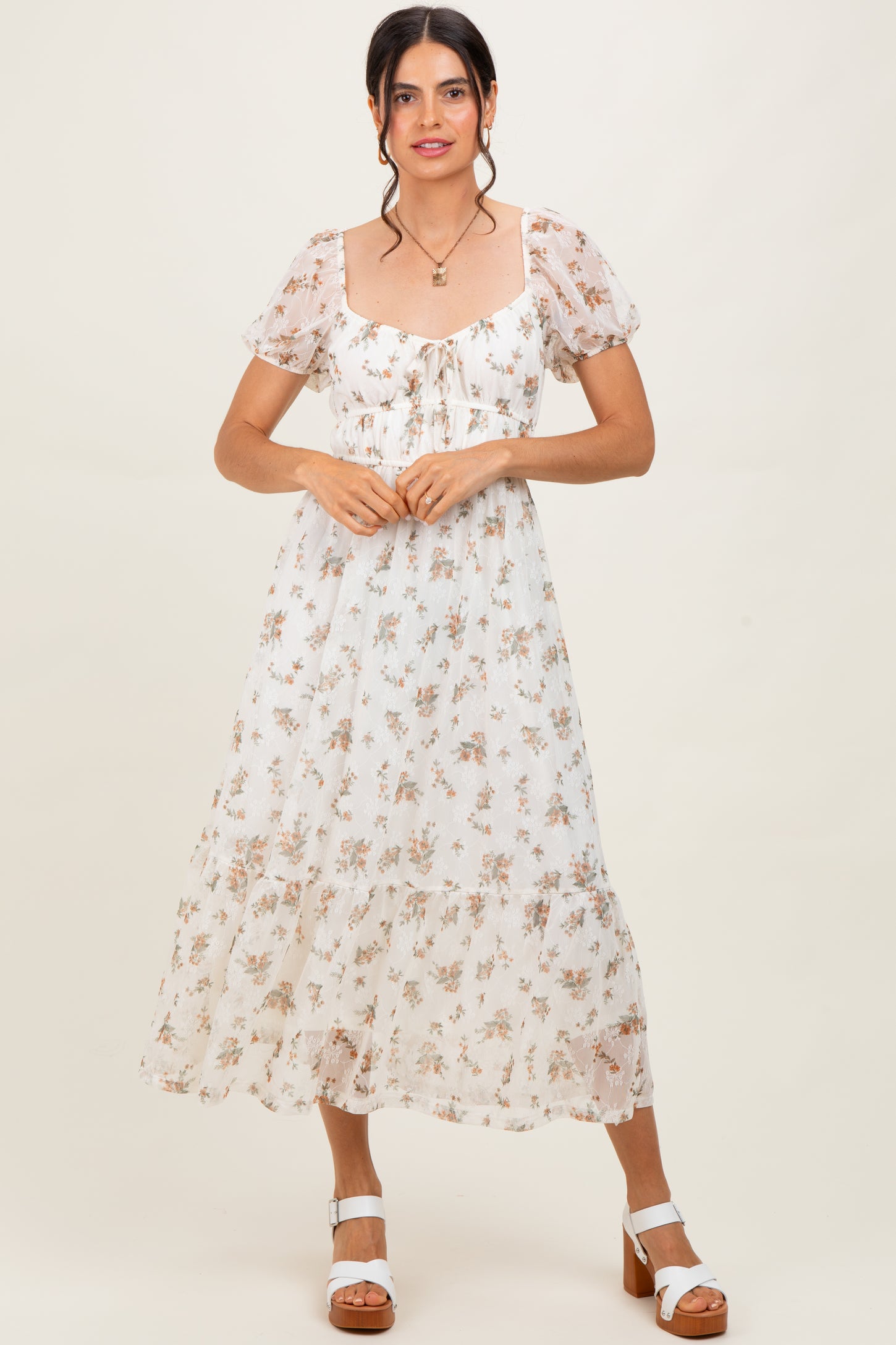 Ivory Floral Lace Overlay Puff Sleeve Maternity Midi Dress