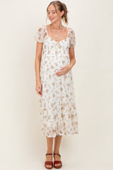 Ivory Floral Lace Overlay Puff Sleeve Maternity Midi Dress