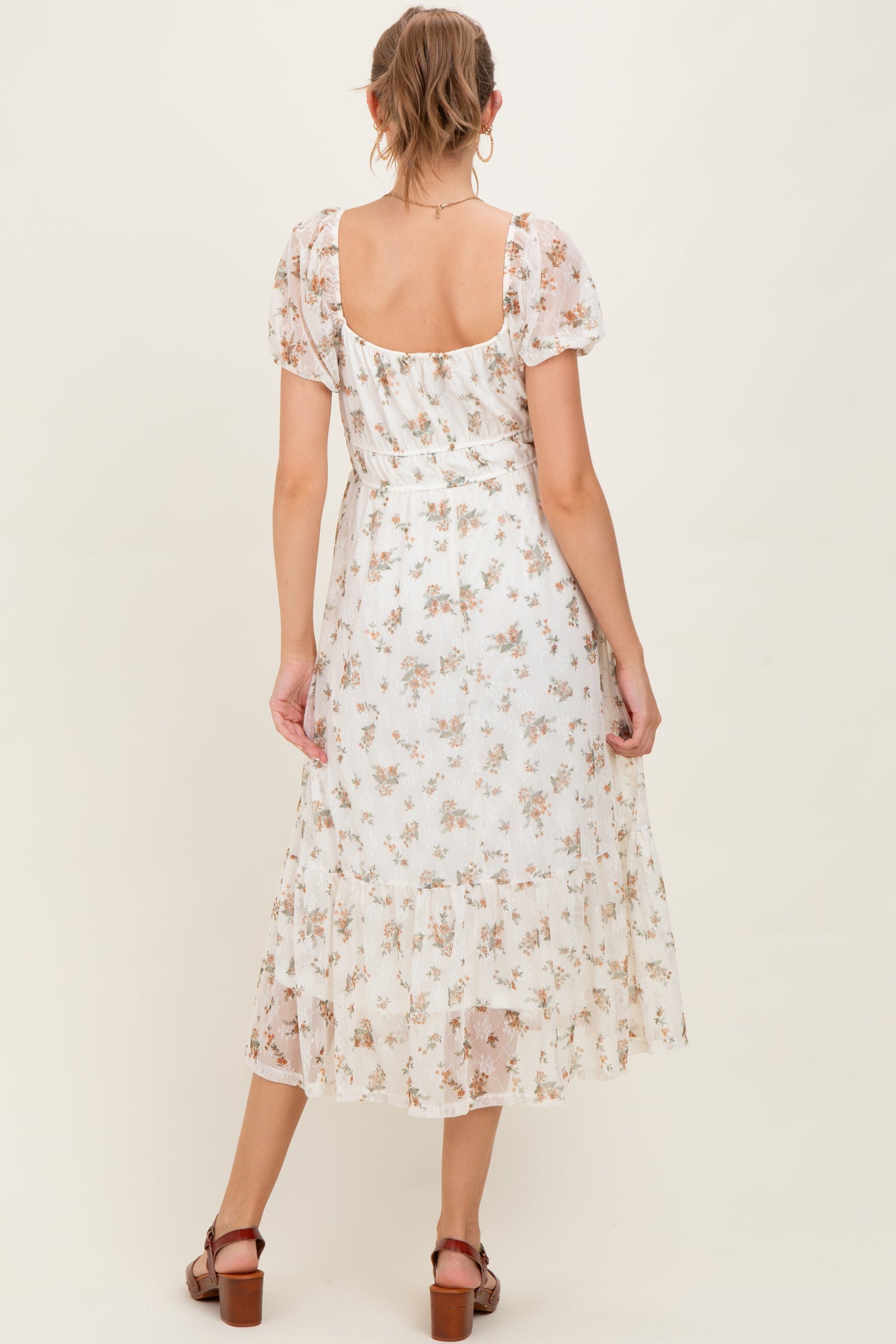 Ivory Floral Lace Overlay Puff Sleeve Maternity Midi Dress