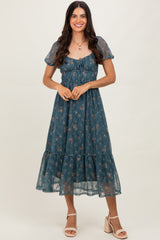 Deep Teal Floral Lace Overlay Puff Sleeve Midi Dress