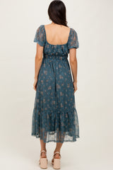 Deep Teal Floral Lace Overlay Puff Sleeve Midi Dress