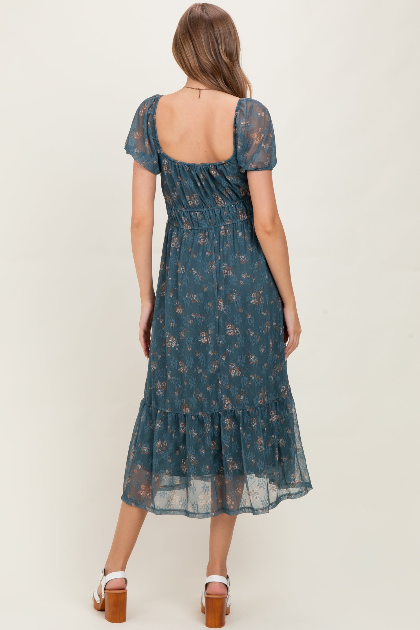 Deep Teal Floral Lace Overlay Puff Sleeve Maternity Midi Dress