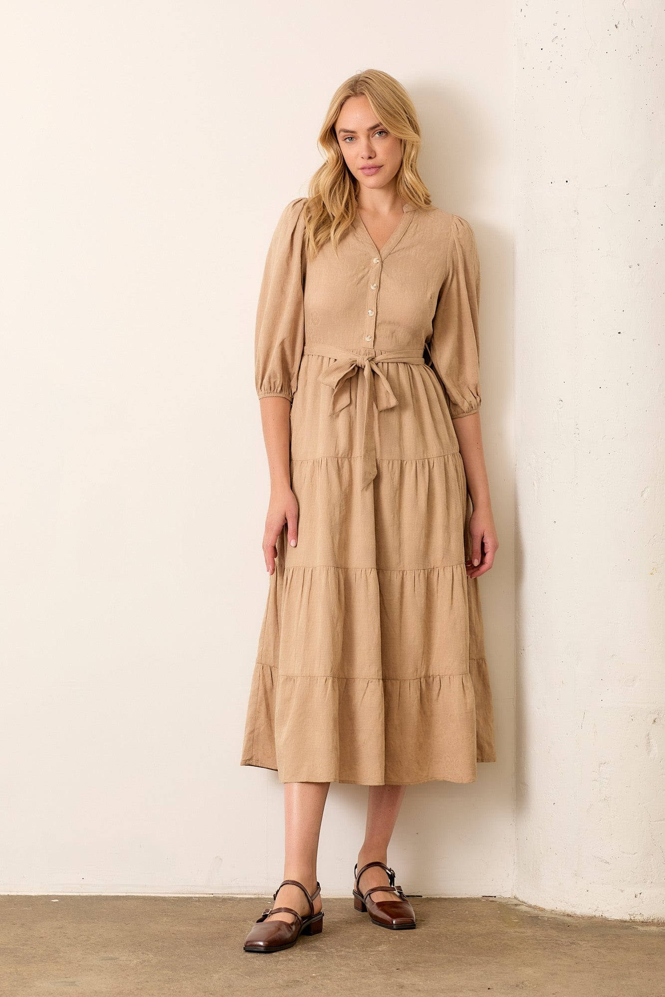 Taupe Floral Jacquard Button Front Tiered Dress