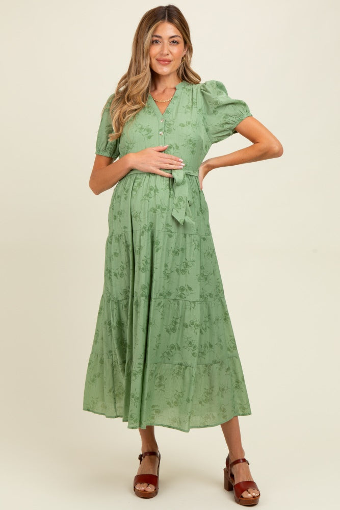 Green Floral Button Front Tiered Maternity Midi Dress